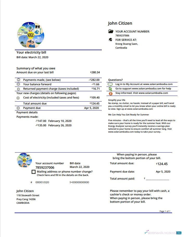 download Cambodia Solar Green Energy Cambodia Co utility bill template in Word and PDF format PDF template